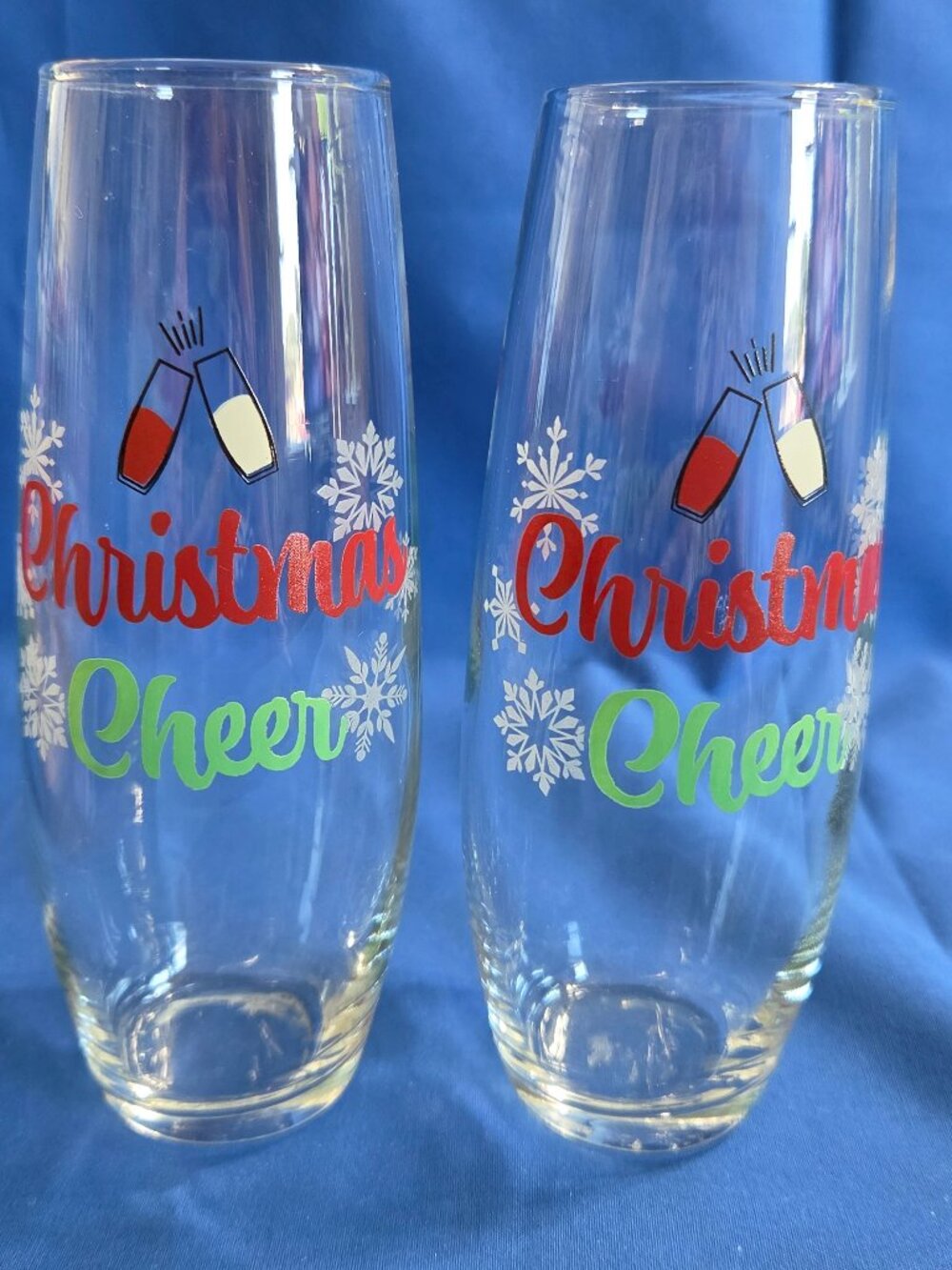 Set 2 New CHRISTMAS CHEER Stemless Flute WINE GLASSES Royal Norfolk Champagne